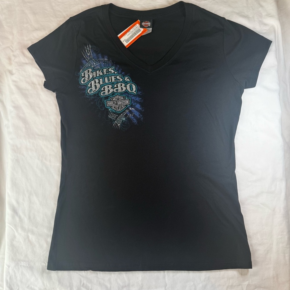 Harley-Davidson Black V-Neck Tee with Blue Graphic